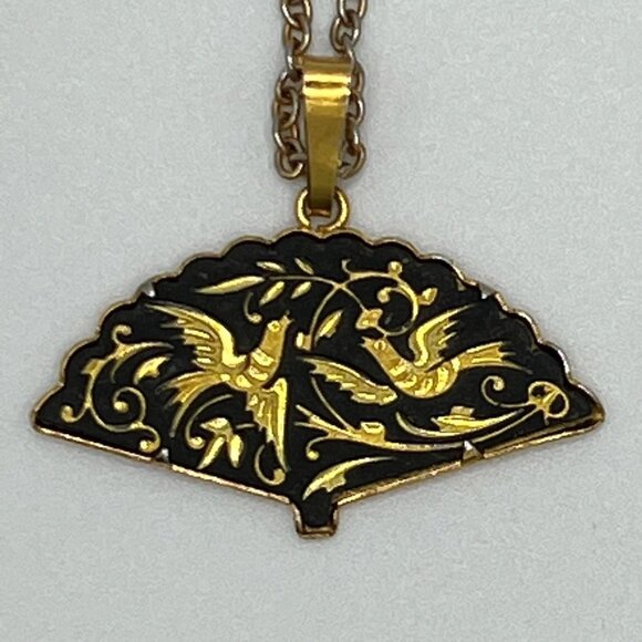 DAMASCENE Vintage Fan Necklace Birds and Floral Design - Picture 2 of 5